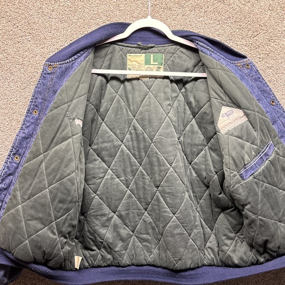 VTG WearGuard Denim Bomber Jacket Mens LARGE Chore Quilted Insulated GP Logo 90s - Picture 13 of 16